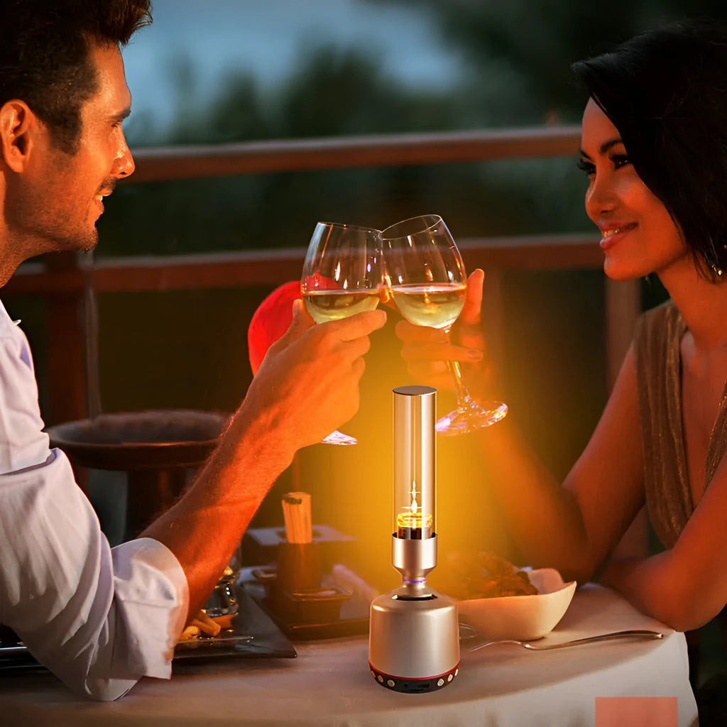 White silver Bluetooth speaker with LED candlelight night light showing modern simple design
