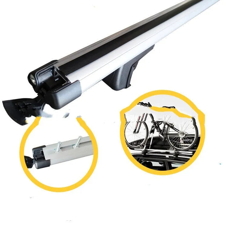 Two silver alloy roof rack crossbars for a General Motors SUV, shown adjusted to full length.