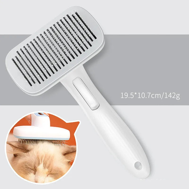 Automatic pet hair removal comb with needle design in blue, grey, green, and pink colour options