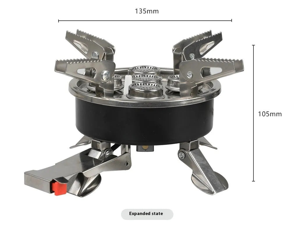 Silver stainless steel foldable split camping stove with copper fittings and extended hose