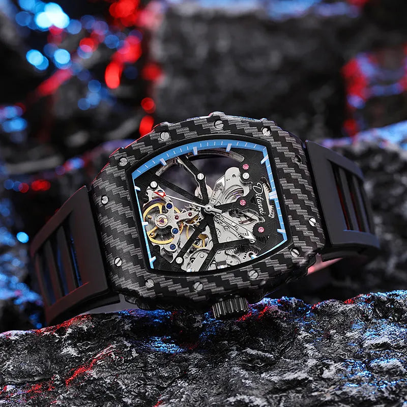 Men's mechanical watch with luminous hands on a rubber strap, showing a black dial variant.