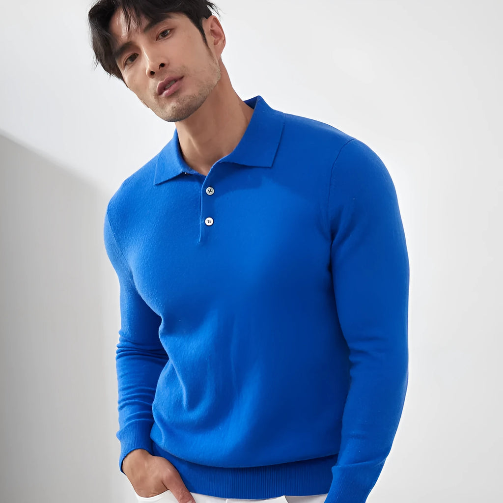 Men's sapphire blue cashmere pullover sweater with a polo collar on a hanger.