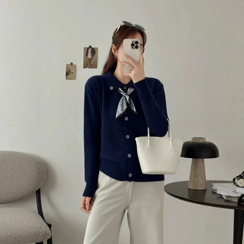 Lazy fashion cardigan sweater with lapel scarf collar in acrylic fabric