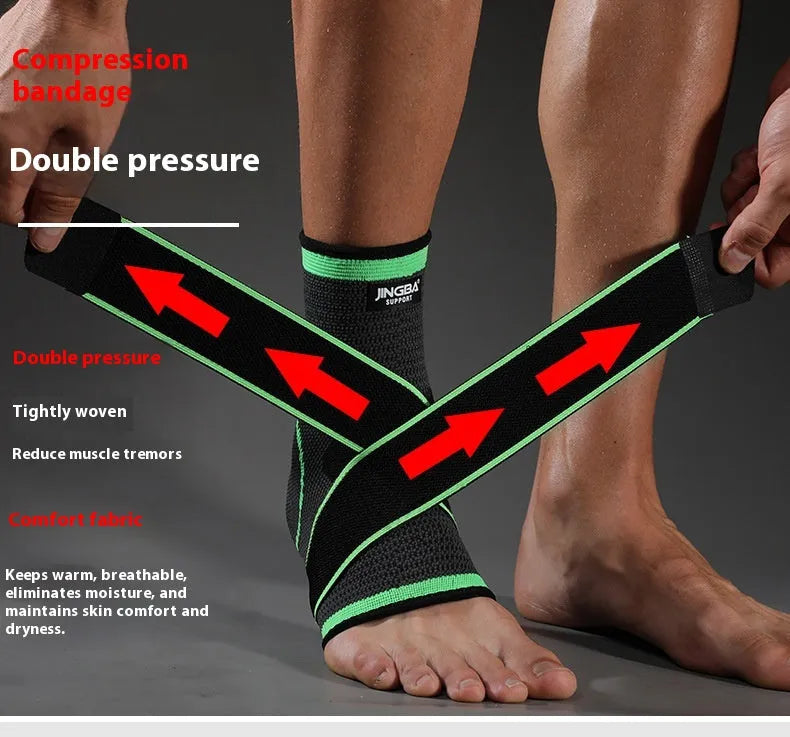 Sports ankle support brace in black colour shown on ankle during athletic activity