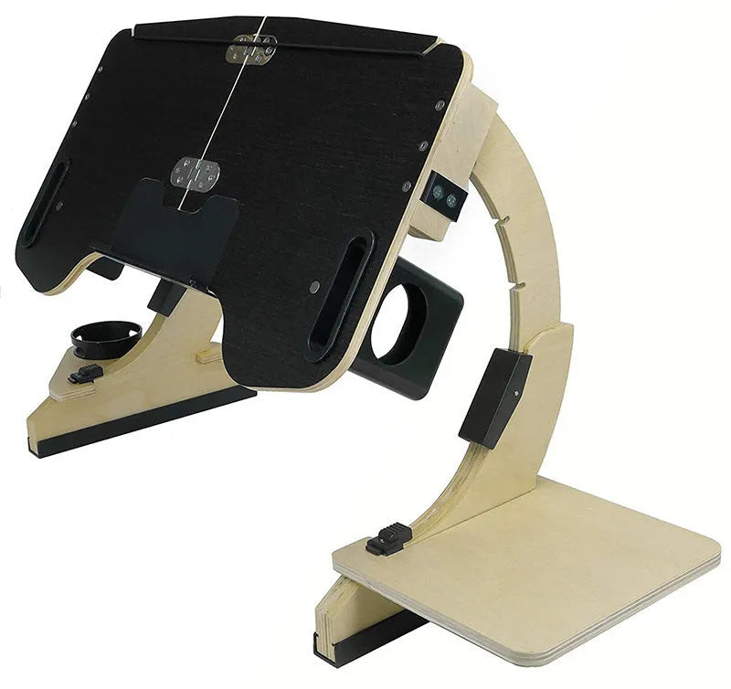 White wooden folding laptop table on bed with adjustable angle mechanism