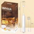 Mini handheld electric milk frother in black, white, or khaki with a stainless steel whisk and USB charging port.