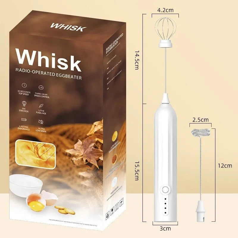 Mini handheld electric milk frother in black, white, or khaki with a stainless steel whisk and USB charging port.