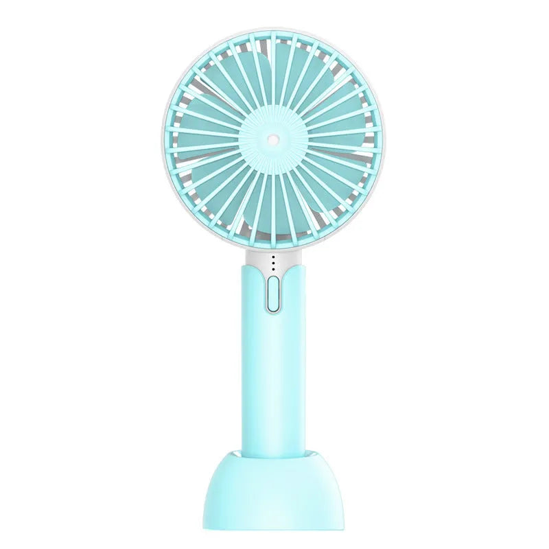 Blue mini handheld desktop fan with USB port and three-speed control on white background