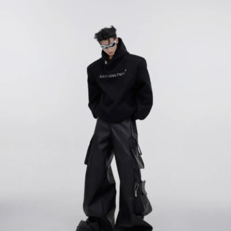 Men's loose hooded sweater with heavy shoulder pads and metal three-dimensional printing design in red colour