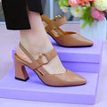 Women's apricot pigskin leather closed toe sandals with a chunky heel and rubber sole.