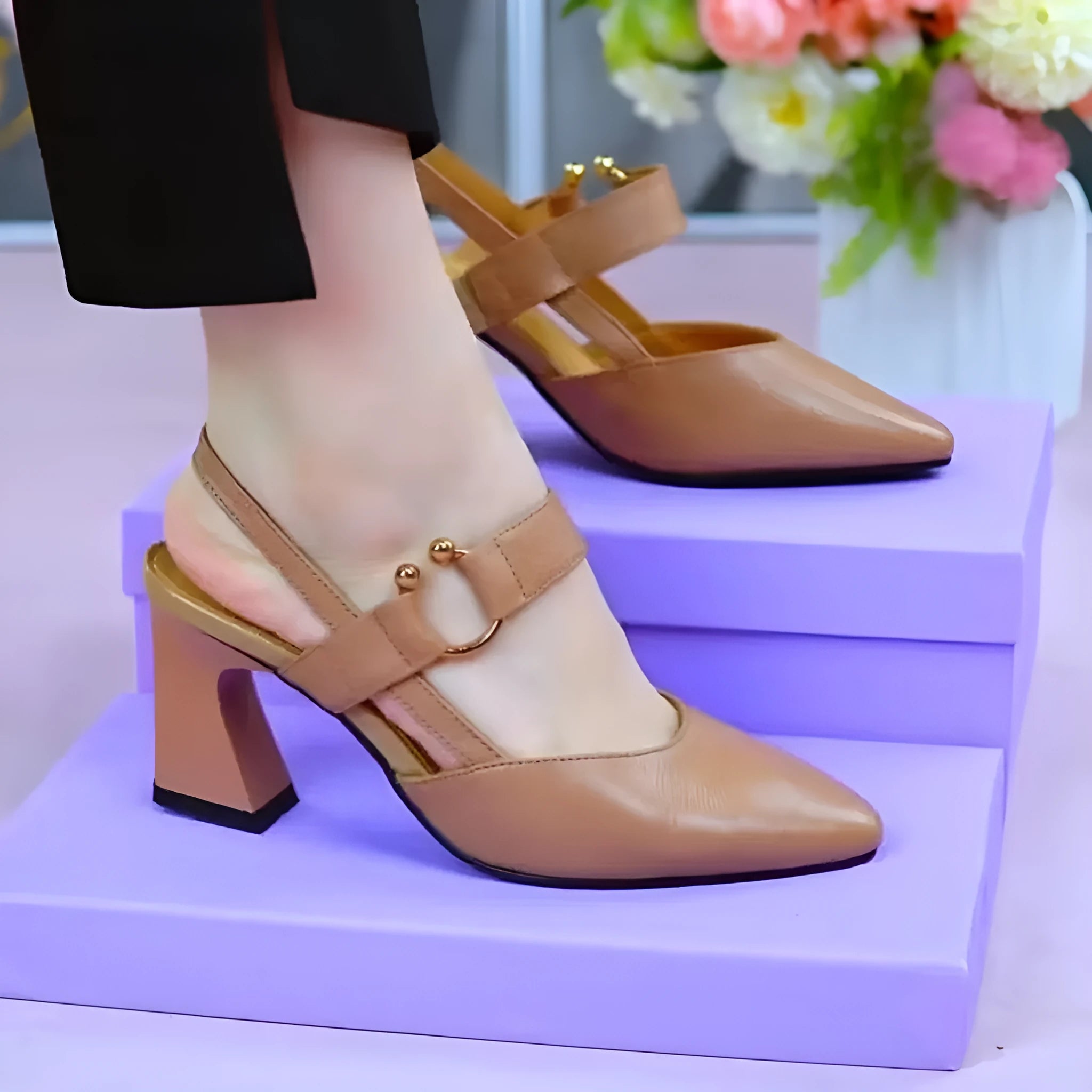 Women's apricot pigskin leather closed toe sandals with a chunky heel and rubber sole.