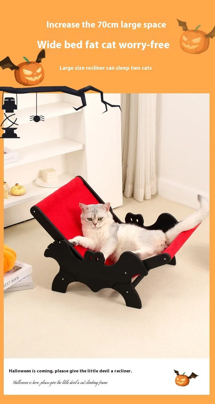 Black and red wooden cat recliner bed with bat design for Halloween theme