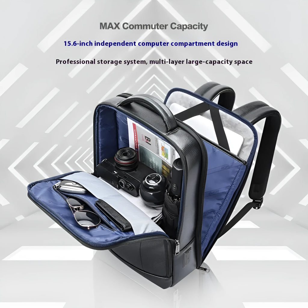 Solid black genuine cowhide leather business backpack with USB port and curved straps