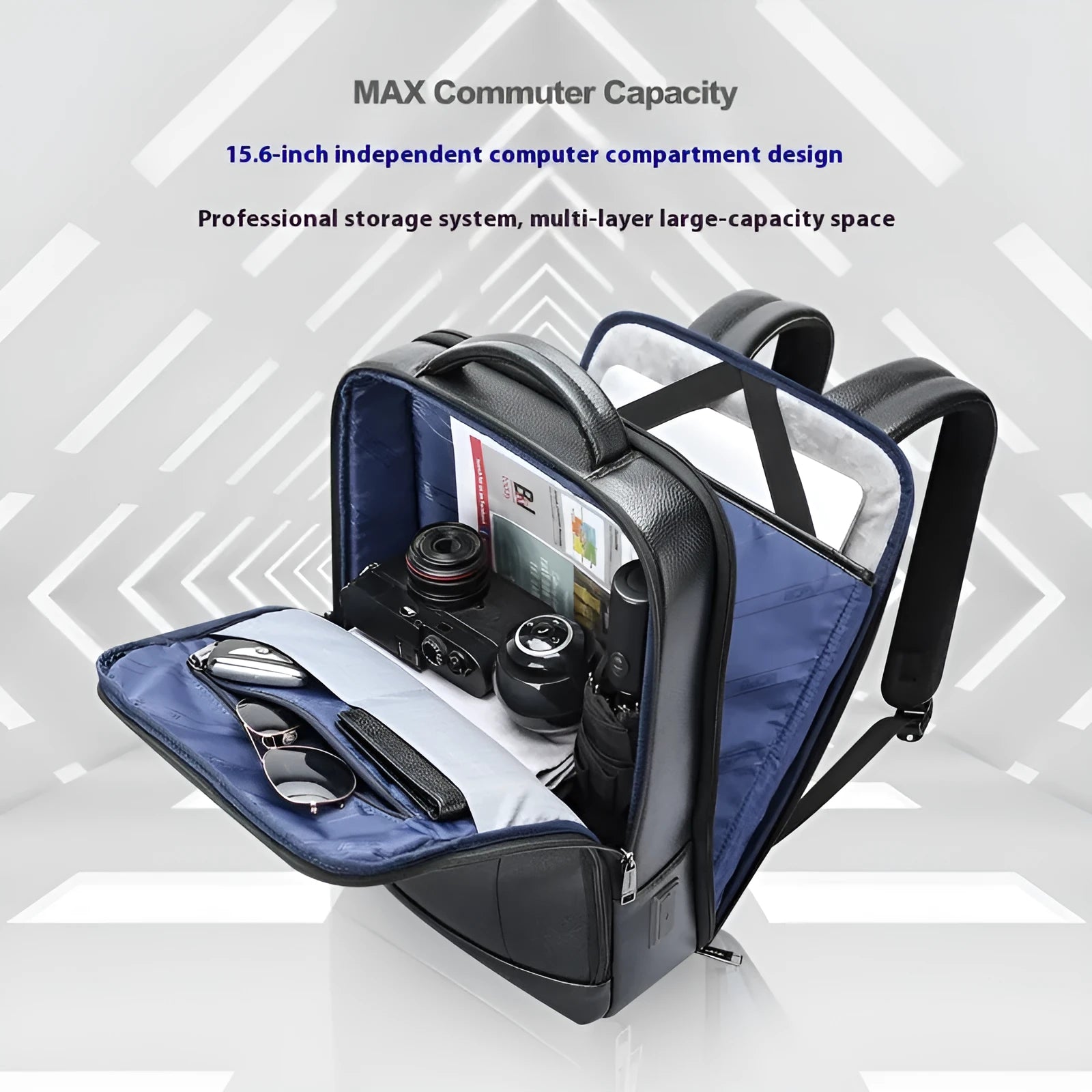 Solid black genuine cowhide leather business backpack with USB port and curved straps