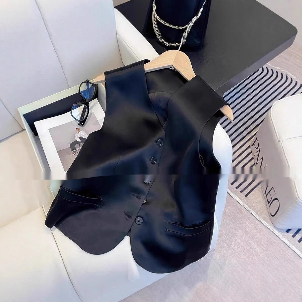 Black satin ladies sleeveless vest with loose fit and splicing detail on solid colour fabric