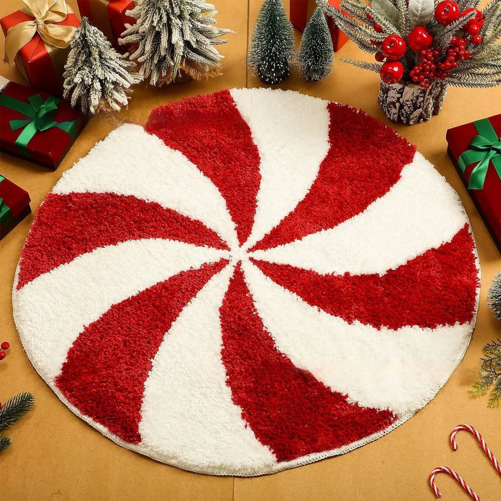 Printed polyester Christmas round carpet on floor showing one of ten festive blanket designs.