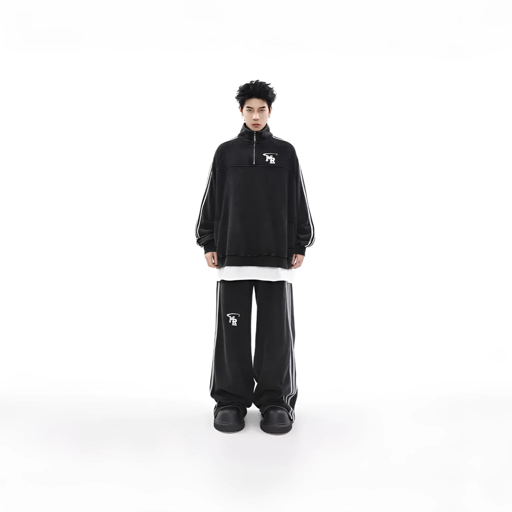 Black American retro stand collar polyester hoodie for men, Hong Kong style, shown in size L.