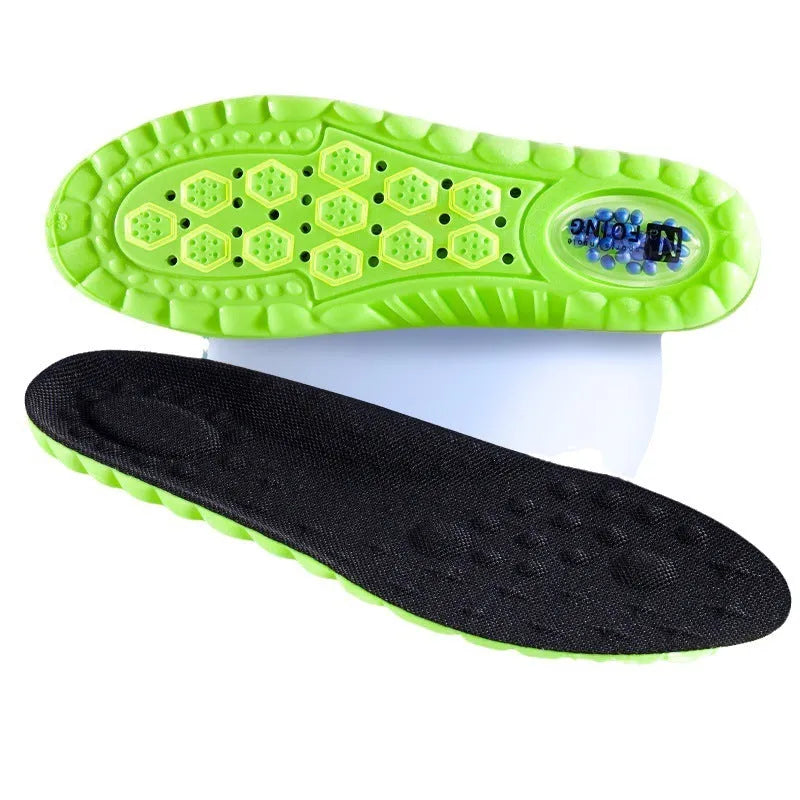 Green PU sports insoles with air cushion and argwormwood, shown with size scale.