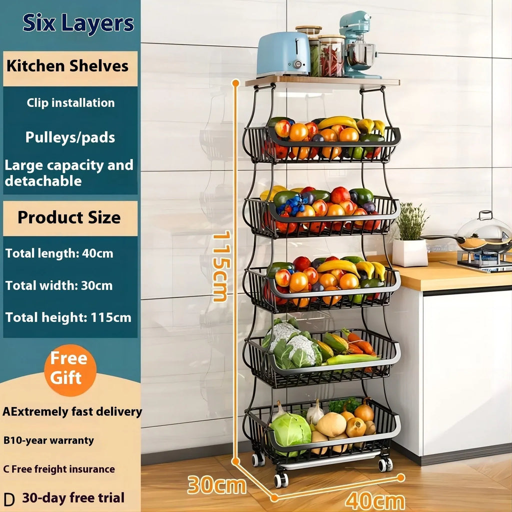 Black 6 layer foldable kitchen trolley rack with carbon steel construction