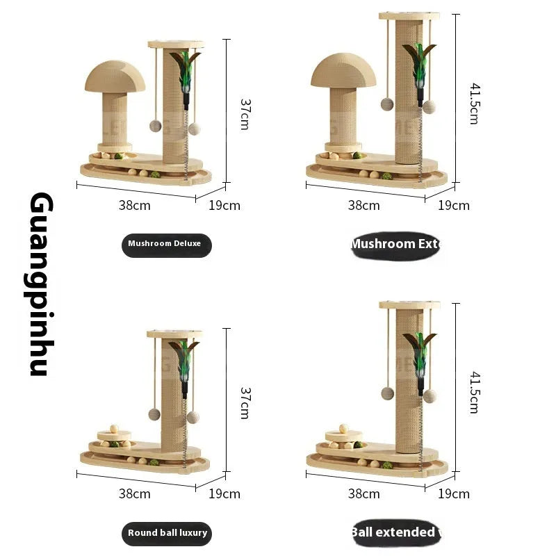 Solid wood cat scratching post with sisal rope base and central rotating turntable platform.