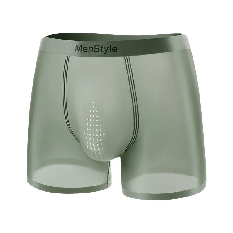 Satin ice silk seamless men's boxers in flesh color with mid waist elastic band