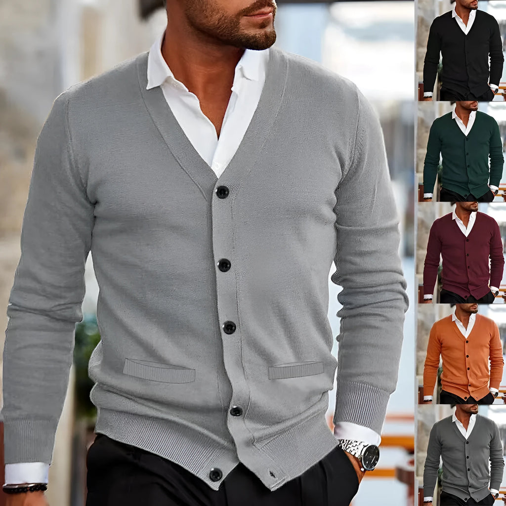 Men's slim fit acrylic cardigan sweater in dark grey, shown on a model.