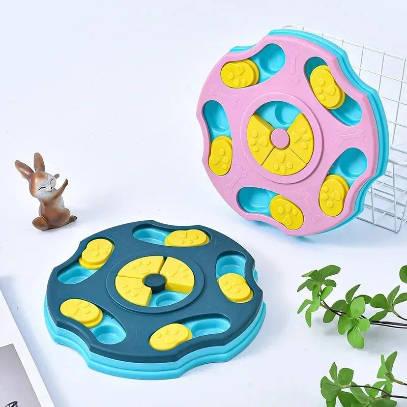 Blue dog puzzle toy bowl with food searching compartments for interactive feeding game