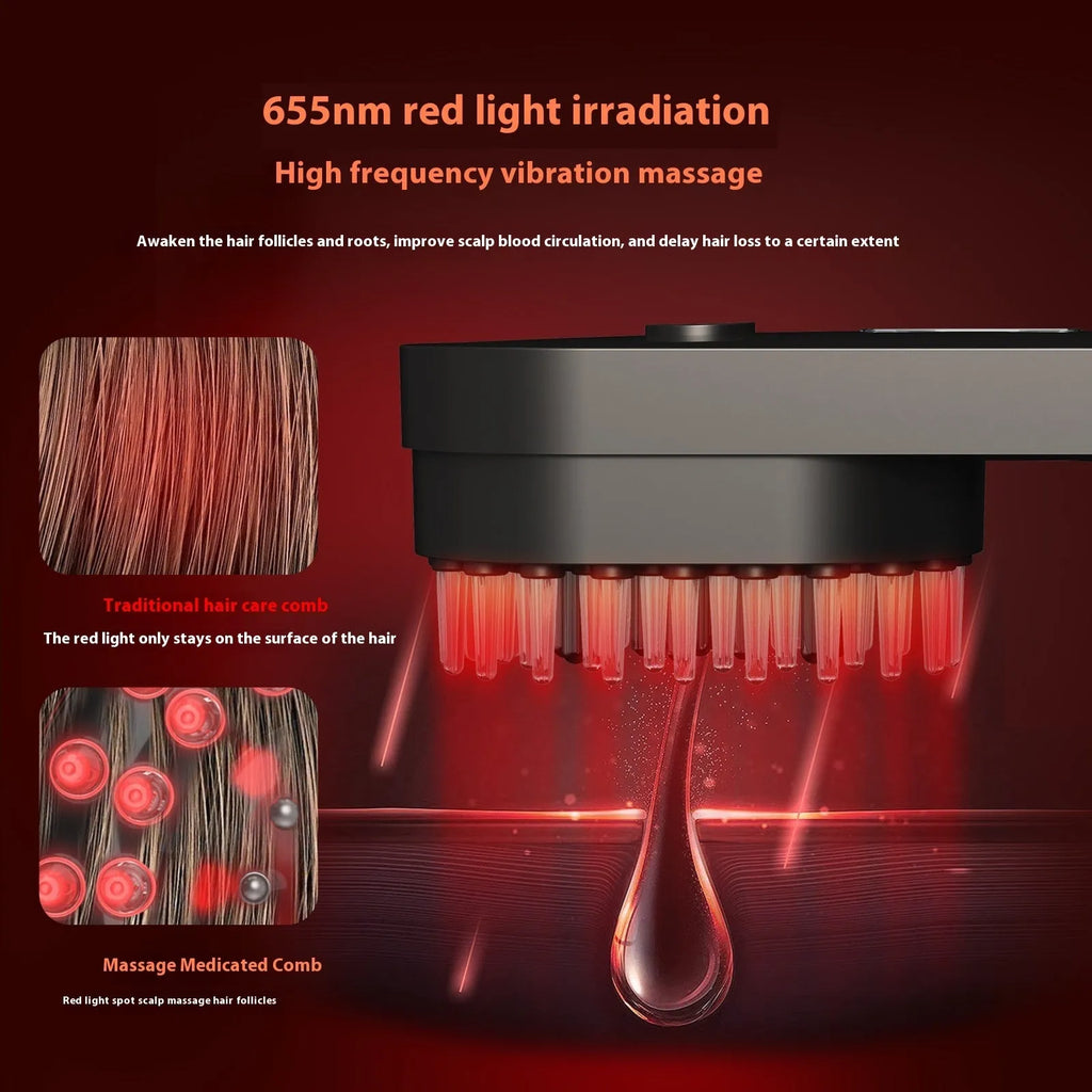 Pink and black smart massage comb for hair care with red light feature, shown next to a ruler under 10cm