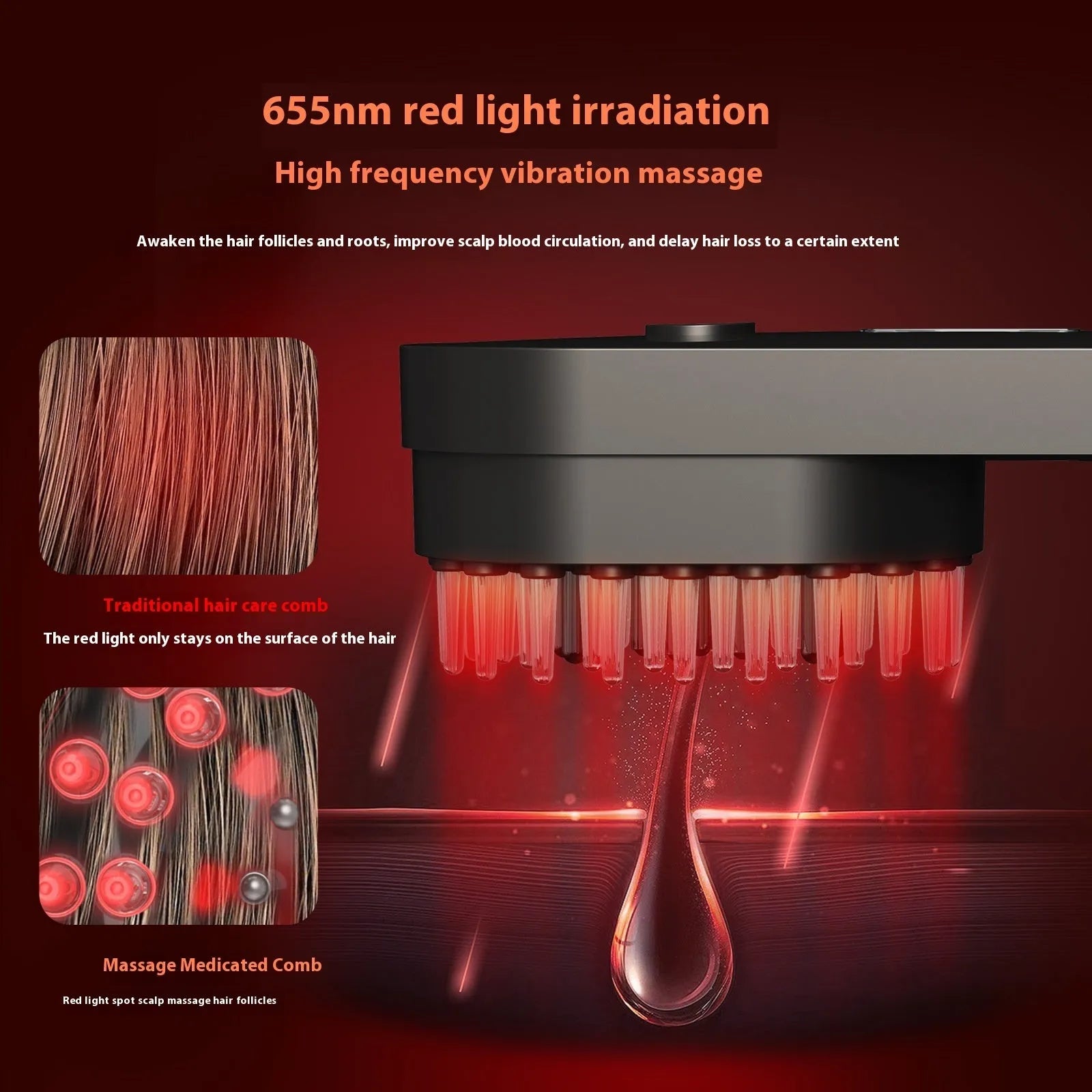 Pink and black smart massage comb for hair care with red light feature, shown next to a ruler under 10cm