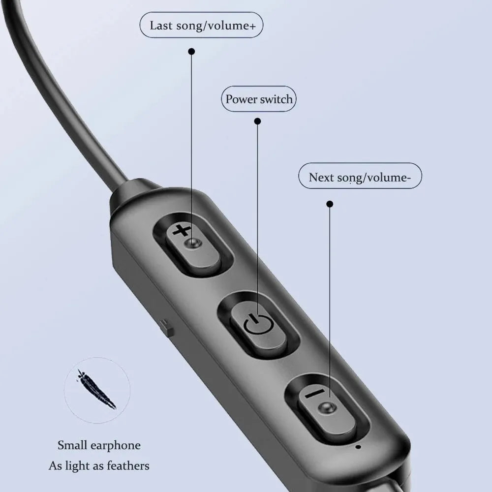 Black neck-mounted wireless sports earphones with Bluetooth 5.0 and custom logo printing capability