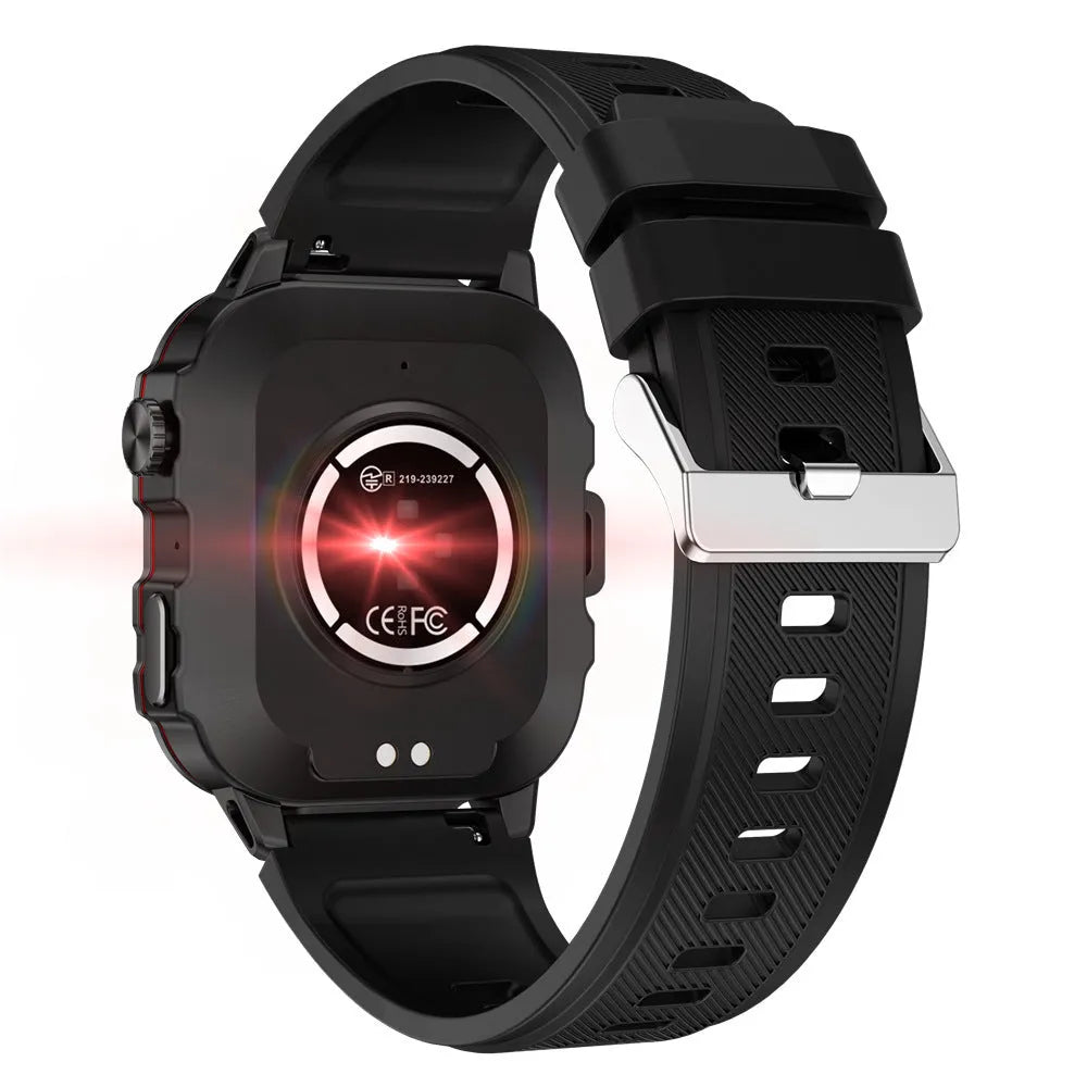 QX11 smartwatch with 50mm touch screen showing heart rate and step count display on wrist.