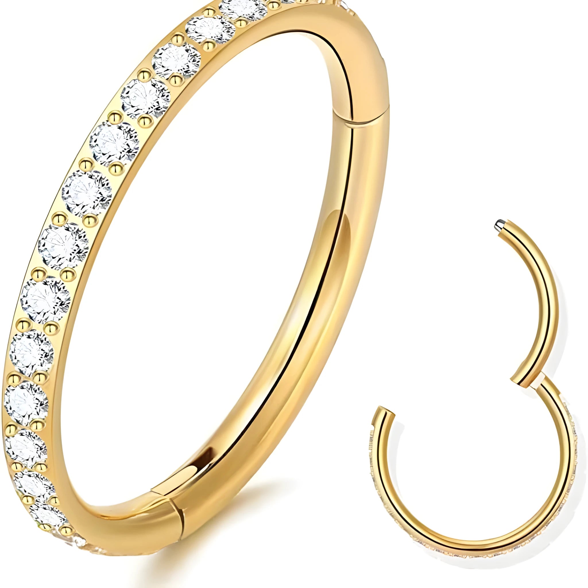 Stainless steel seamless nose ring with diamond accent in gold finish showing circular barbell design