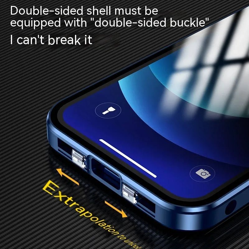 Glass privacy phone case with a double-sided buckle shown in multiple colours for iPhone models.