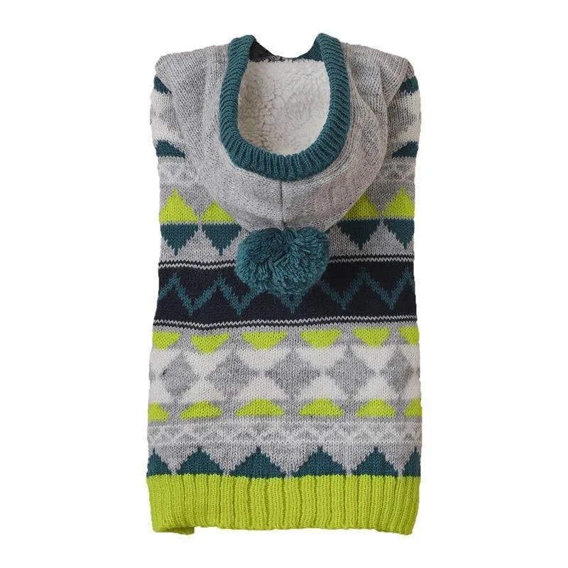 Green diamond pattern acrylic pet sweater for dogs and cats on a mannequin