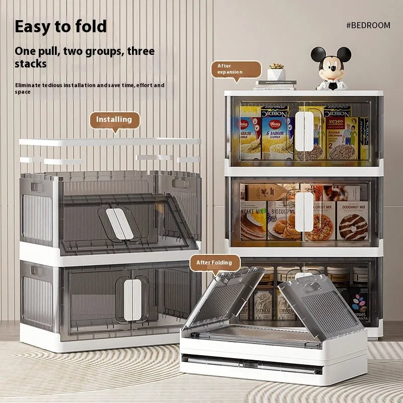 Foldable household storage locker with wheels in white or grey, showing single or double door options.