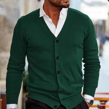 Men's slim fit acrylic cardigan sweater in dark grey, shown on a model.