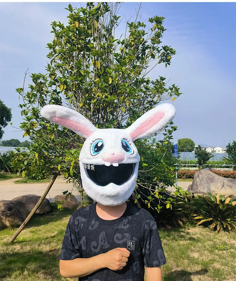 White decorative rabbit head plush cover for an electric motorcycle helmet.
