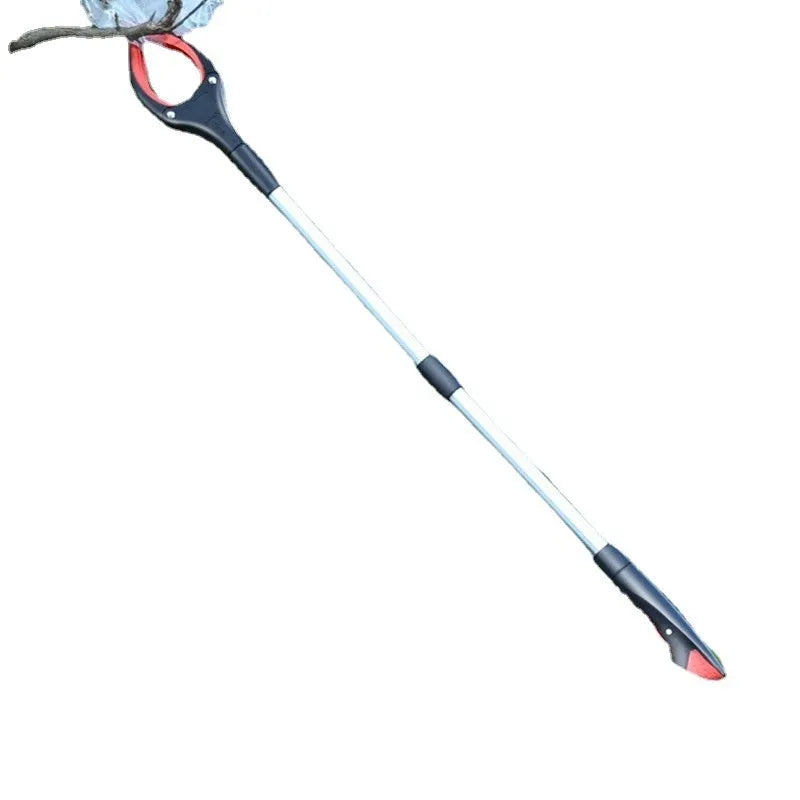 Blue plastic and aluminium alloy trash folder clip tool on a white background.
