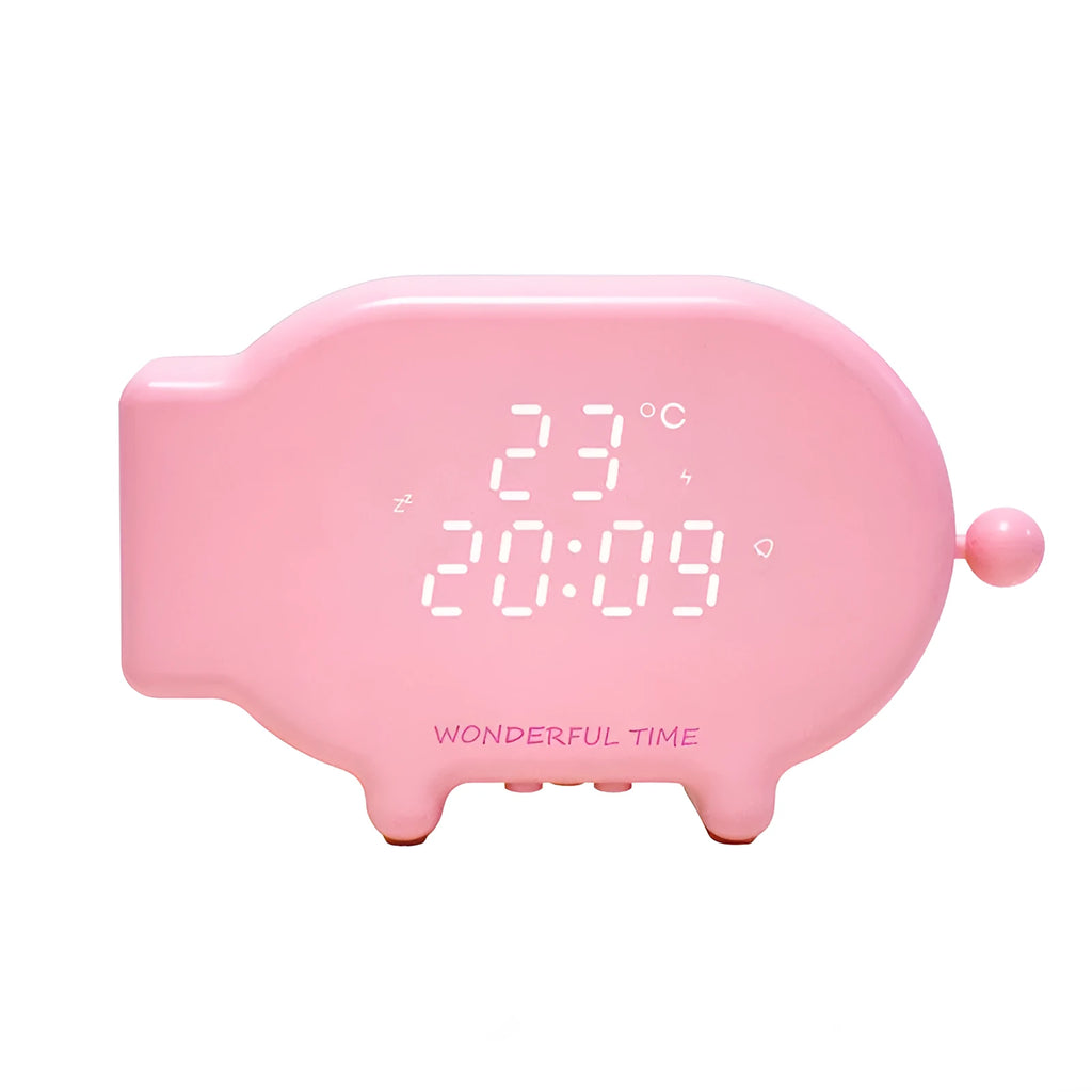 Blue USB-powered LED alarm clock with temperature display and charging functionality