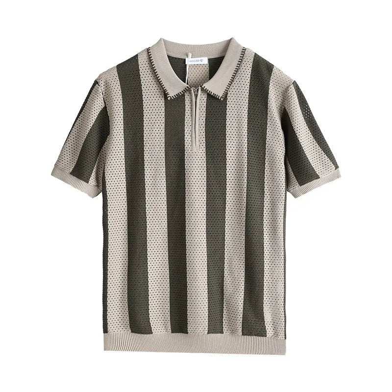 Man wearing a short sleeve striped viscose sweater with zipper details in sapphire blue