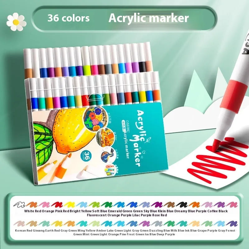 Box of acrylic marker pens for student colour painting showing multiple colour options