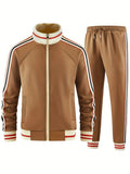 Khaki coloured turtleneck zipper cardigan and matching trousers suit for men on a hanger.