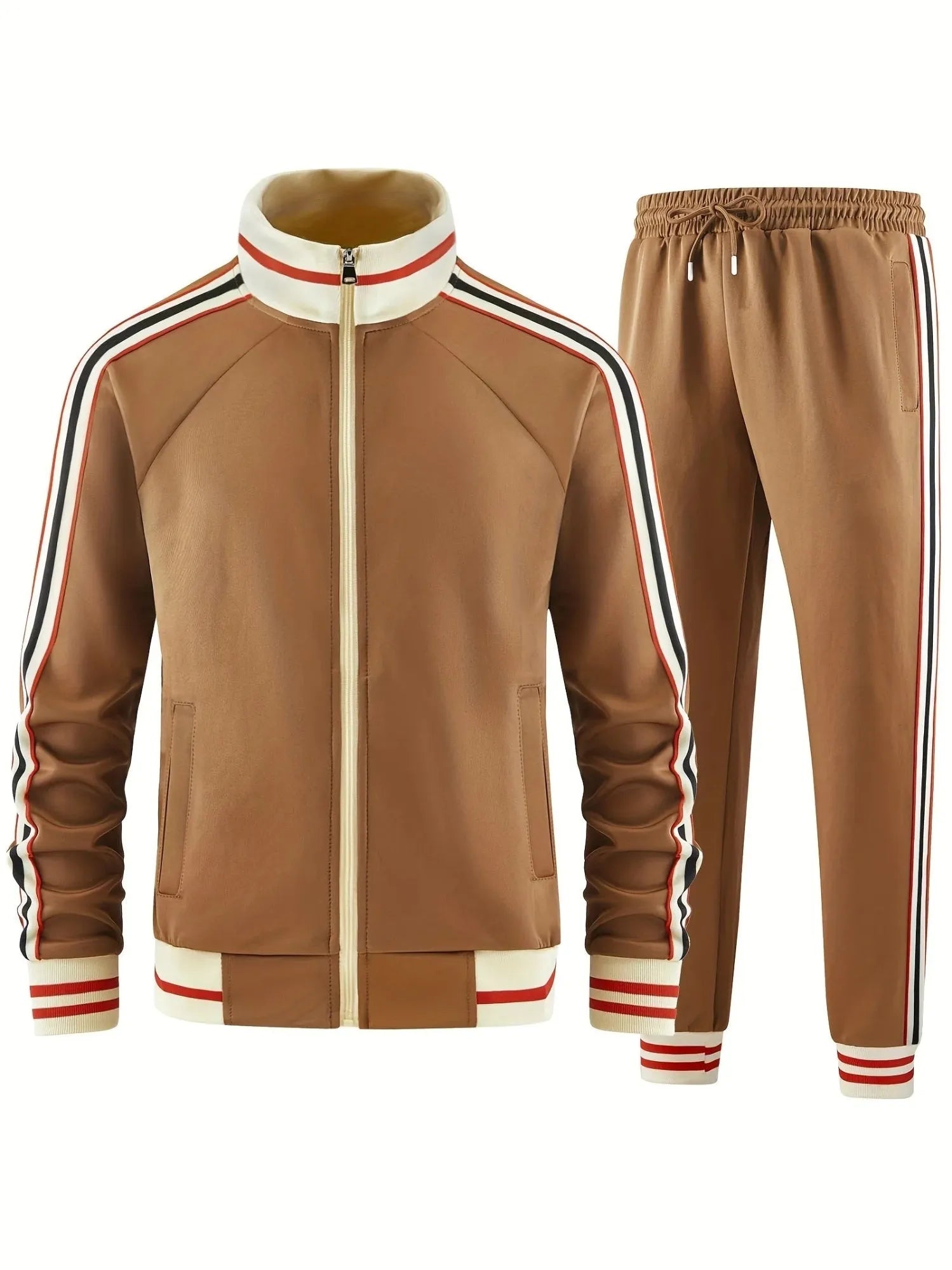 Khaki coloured turtleneck zipper cardigan and matching trousers suit for men on a hanger.