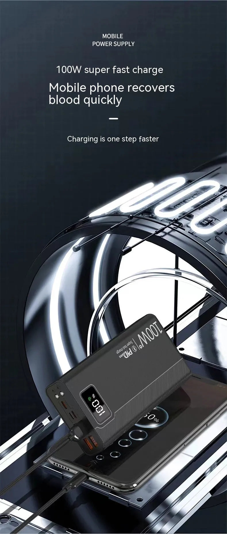 Black and white large capacity power bank with fast charging support, showing size scale.