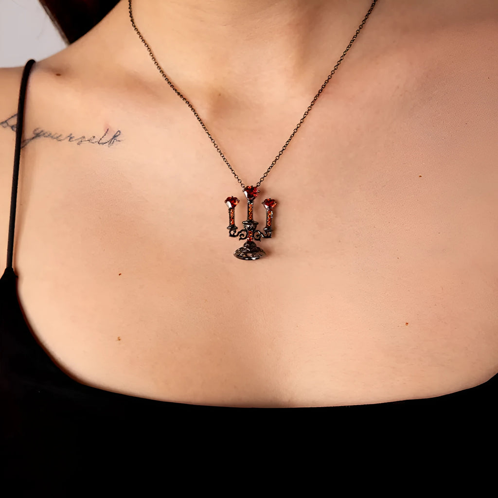 Retro candlestick Gothic necklace with hollow pendant and cross chain in zinc alloy