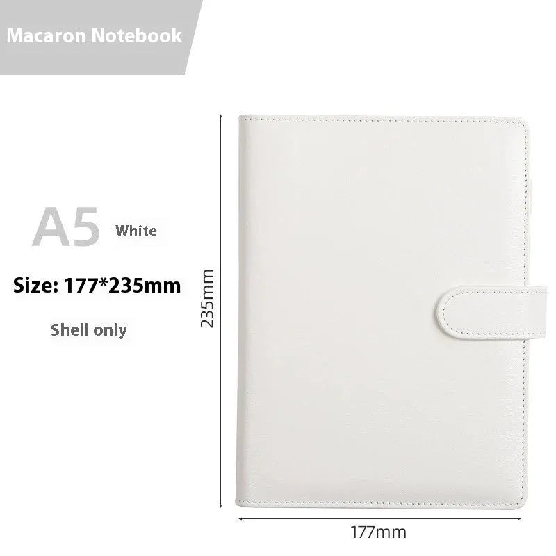 A5 PU leather zipper notebook shell in multiple solid colours, showing closed and open views.
