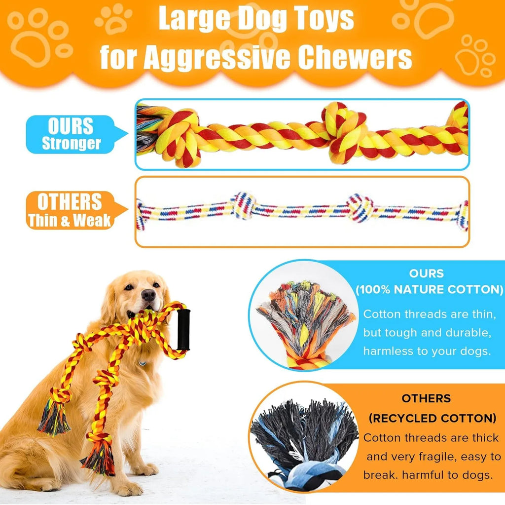 Blue and yellow 62cm long cotton rope dog toy with a handle for tug of war.