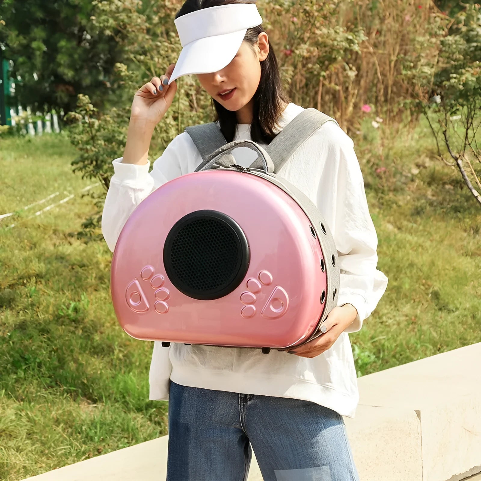 Transparent space capsule cat carrier bag in rose gold, silver, or champagne gold colour.