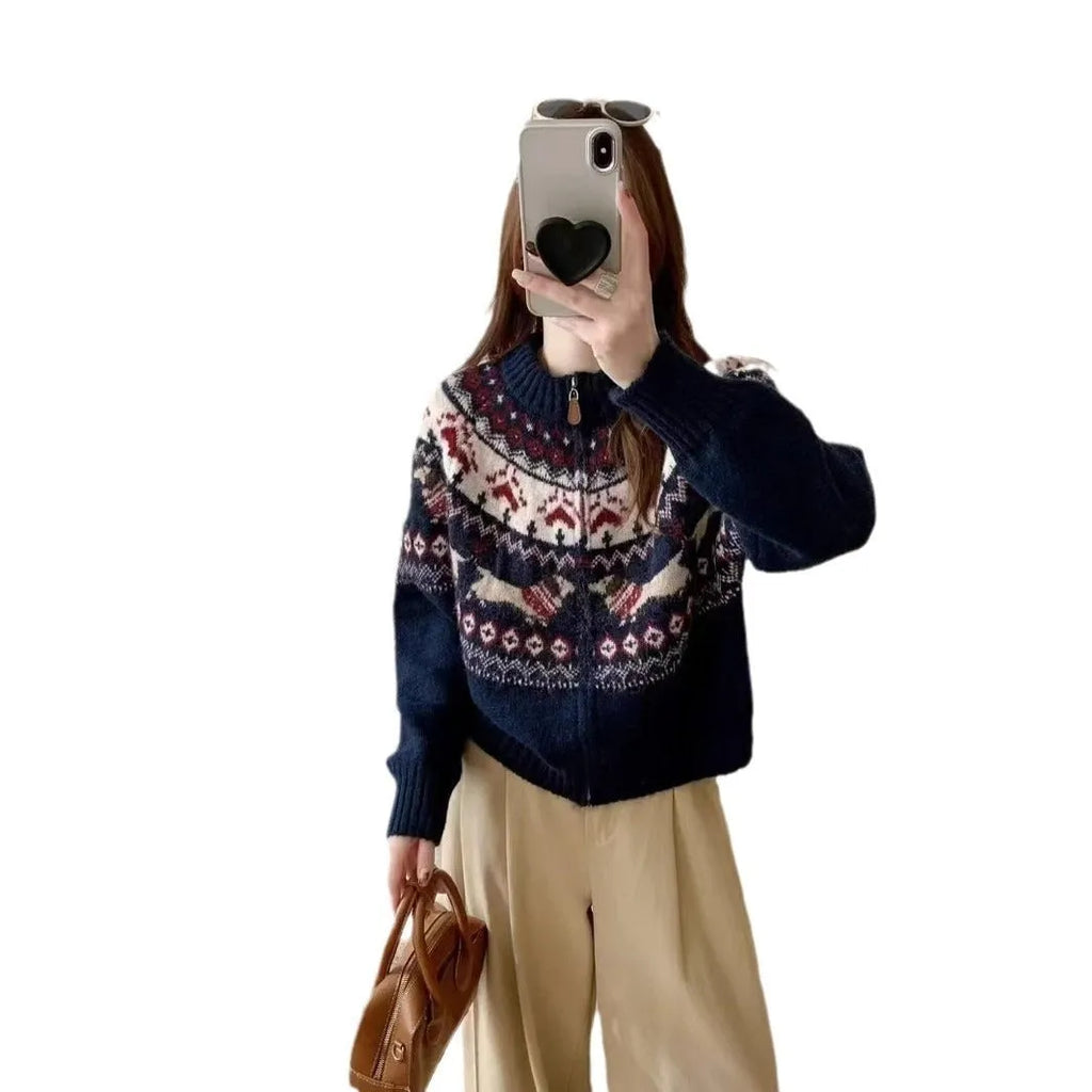 Ethnic style heavy industry jacquard pullover sweater with 3D effect pattern in beige apricot colour