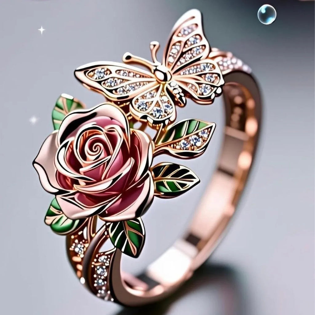 Adjustable butterfly personality ring with colourful oil drip finish showing rose and nature motifs
